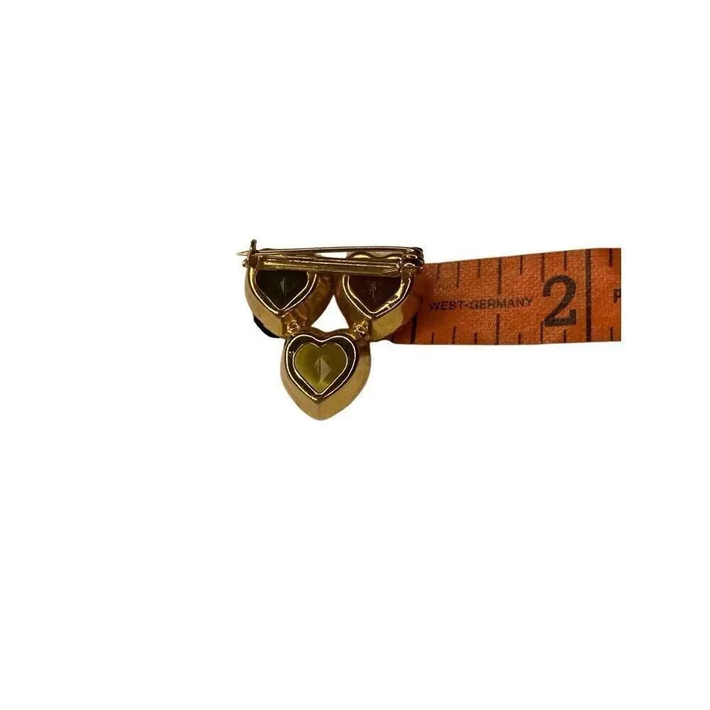 Vintage Gold Tone Triple Heart Brooch Yellow Glass Faceted Stones Pin Jewelry
